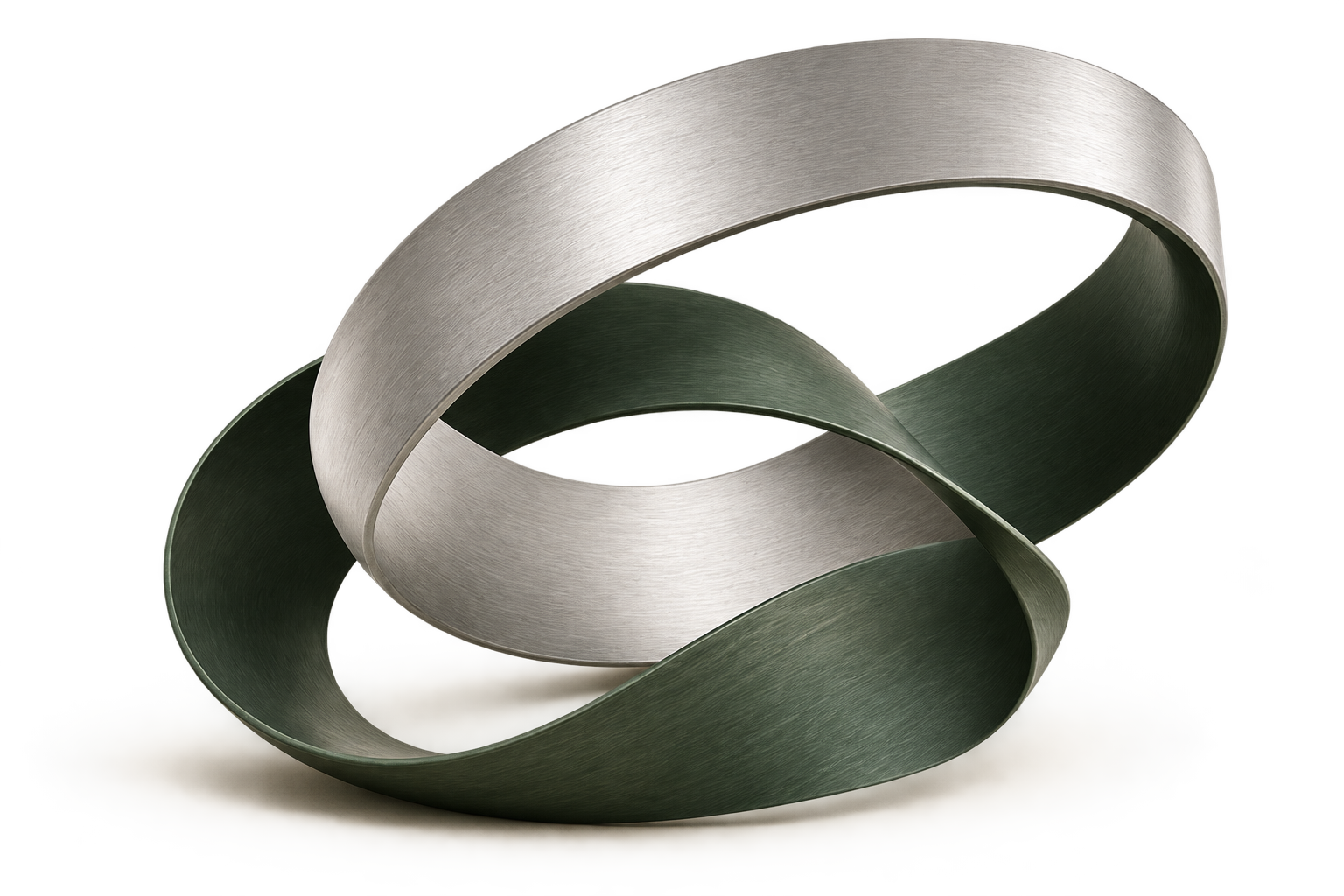 Abstract intertwined ribbons of brushed silver and forest green